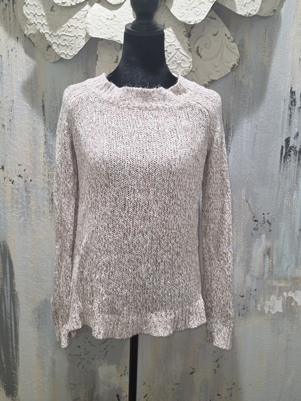 LOFT Cream and Pink Marled Ruffle-Hem Crewneck Sweater Size Small